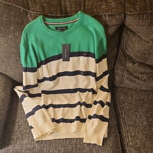 Tommy Hilfiger Green and White Striped Sweater